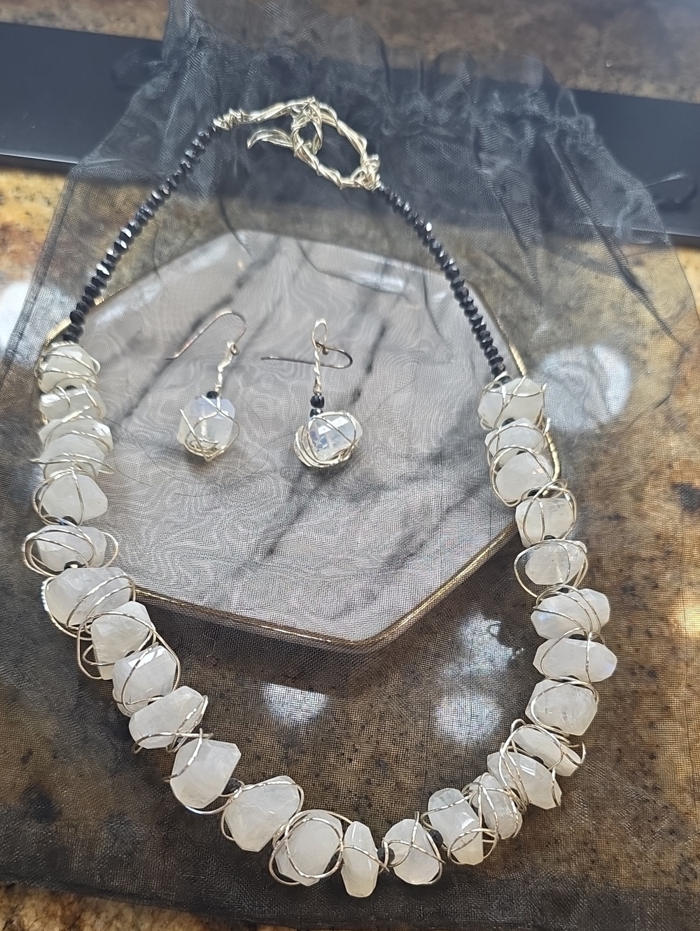 Silver Wire-Wrapped Moonstone Crystal and Spinel Necklace & Earring Set